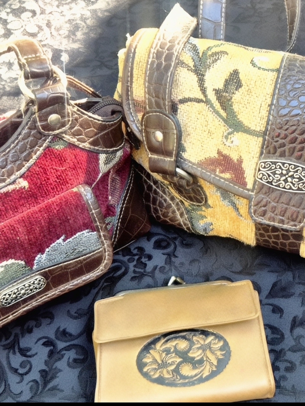 3-Piece Vintage Tapestry Handbag & Wallet Lot – Red & Gold Purses + Western Wall